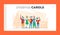 Friends Company or Family Caroling at Eve Night Landing Page Template. Christmas Characters in Hats Singing Xmas Carols