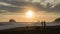 Friends and dogs at the beach during the sunset