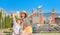 Friends doing selfie at the viewpoint at Espanya Square in Barcelona. Summer vacation Europe travel