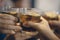 Friends drinking refreshment in the pizza restaurant. Man and Woman`s hand holding coke cup with lemon slice and passion fruit