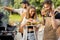 Friends enjoy burgers on a picnic