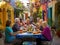 Friends enjoying food in colorful outdoor seating