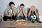 Friends fanatic football fans watching tv match with beer bottles and pizza suffering stress