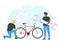 Friends fixing bicycle vector illustration