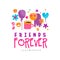 Friends forever logo template with cup of tea, balloons, stars, flowers, ice-cream and emoji. Friendship theme. Abstract