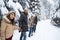 Friends Group Snow Forest Happy Smiling Young People Walking Outdoor