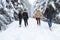 Friends Group Snow Forest Young People Walking Outdoor