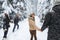 Friends Group Two Couple Snow Forest Young People Walking Outdoor