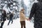 Friends Group Two Playful Couple Snow Forest Young People Outdoor
