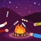 Friends make marshmallow on fire concept background, flat style