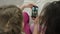 Friends mates leisure girls choosing photo phone