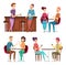 Friends meeting. Happy group people relaxing in cafe restaurant bar meeting sitting and smiling friends vector