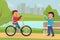 Friends meeting in urban park illustration. Boy riding bicycle, teen in headphones listening music in recreational city
