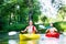 Friends paddling with canoe on forest river