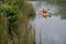 Friends paddling in kayak in a river on a sunny day