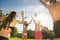 Friends play volleyball on the beach