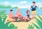 Friends playing cards on beach flat color vector illustration