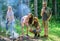 Friends prepare roasted sausages snacks nature background. Camping traditional meal prepared on fire with smoky aroma