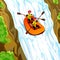 Friends rafting in mountains concept background, cartoon style