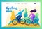 Friends ride a bike in the forest, rest, entertainment, walk, friendship. Flat 2D character. Landing page concepts and web design