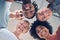 Friends, selfie and low angle portrait of worker, corporate and diversity group with a smile. Happy circle, solidarity