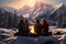 Friends sitting around campfire in evening during mountain winter trip. Winter season. Weekend trip. Travel to the mountains