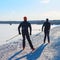 Friends skiing in winter Rovaniemi