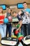 Friends stand near tenpin bowling with balls