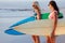 Friends, summer and surfing with women at beach for training, relax and vacation trip. Travel, wellness and sunset with