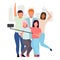 Friends taking selfie flat vector illustration. People group making photo with phone and monopod cartoon characters. Best friends