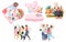 Friends together flat vector illustration set. Group of people spending time cartoon characters. Male and female best friends