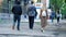 Friends walk along the sidewalk on a warm sunny summer day. A girl with a bag