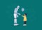 Friendship of a child and a robot. Little girl gives a balloon to a robot. Android, cyborg, humanoid robot, friendship concept,