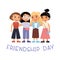 Friendship Day.  Four young international women friends hugging.