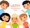 Friendship Day square poster. Five international children in a frame are smiling and waving.