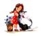 Friendship. A girl in a red polka-dot dress hugs her big cat. Watercolor illustration, handmade.