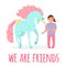 Friendship girl and unicorn vector illustration. Best friend
