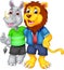 Friendship of lionn and rhino cartoon standing with smile and hugging