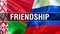 Friendship on Russia and Belarus flags. Waving flag design,3D rendering. Russia Belarus flag picture, wallpaper image. Russian