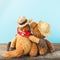 Friendship, teddy bear holding plush horse in its arms, toned vintage