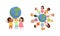 Friendship, Unity, Earth Planet Protection, Kids Holding Hands Standing the World Cartoon Vector Illustration