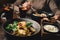 Fries potatoes with forest mushrooms and berries on dark background. Woman eating dish with fork. Selective focus, stylized