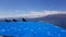 Frigate birds sitting on the roof of a boat, Galapagos Islands