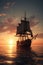 Frigate sailing under full sail at sunset.