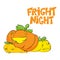 Fright night. Halloween party hand drawn lettering and sketch with cute pumpkins. Fun colorful brush ink typography