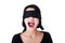 Frighten young blindfold woman screaming