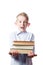 Frightened boy with books in hands, portrait