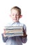 Frightened boy with books in hands, portrait