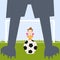 Frightened cartoon goalkeeper waiting for soccer player shown as silhouette to take penalty kick