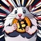 Frightened hamster holding Bitcoin